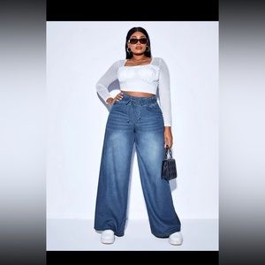 SXY Plus Paperbag Drawstring Waist Wide Leg Jeans